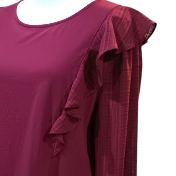 J. CREW Ruffled Blouse Size Large Burgundy Maroon Plaid Contrast Round Neck Soft - Picture 4 of 8